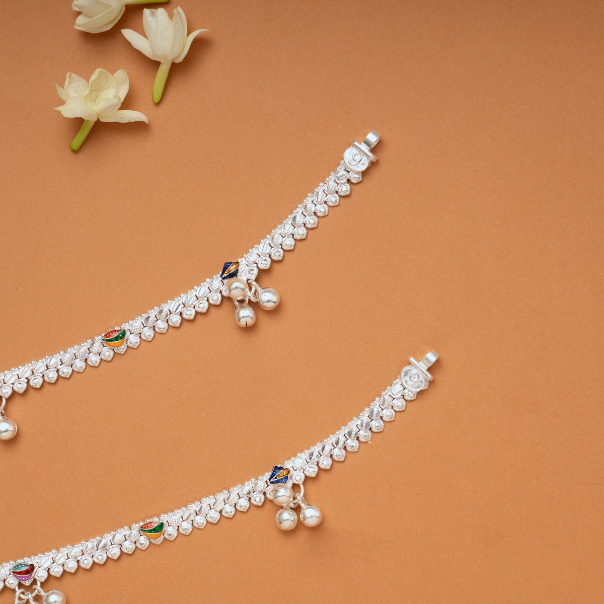 Colourful Floral Bell Drop Silver Anklets