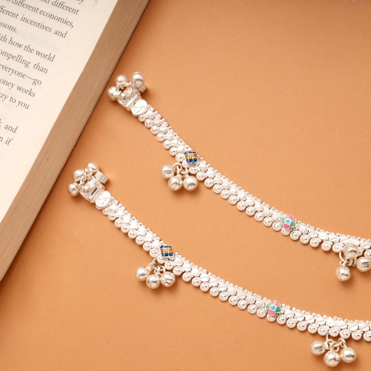 Multicolour Enamel Floral Beaded Silver Anklets