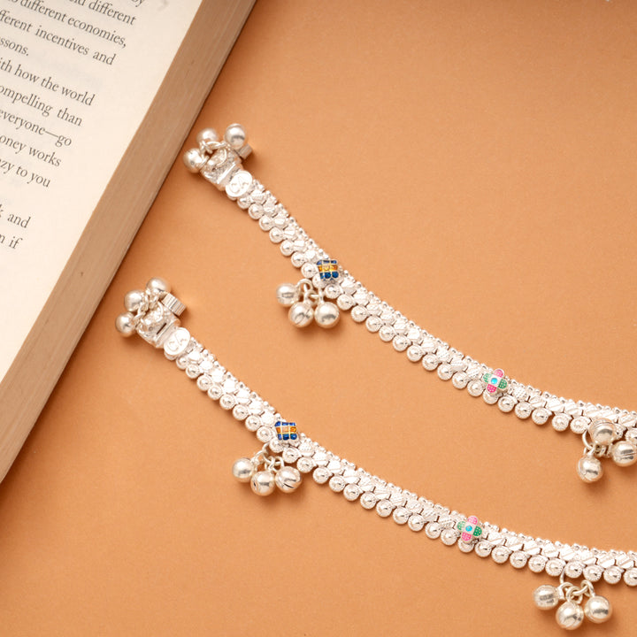 Multicolour Enamel Floral Beaded Silver Anklets