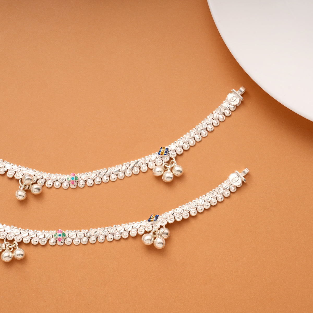 Multicolour Enamel Floral Beaded Silver Anklets