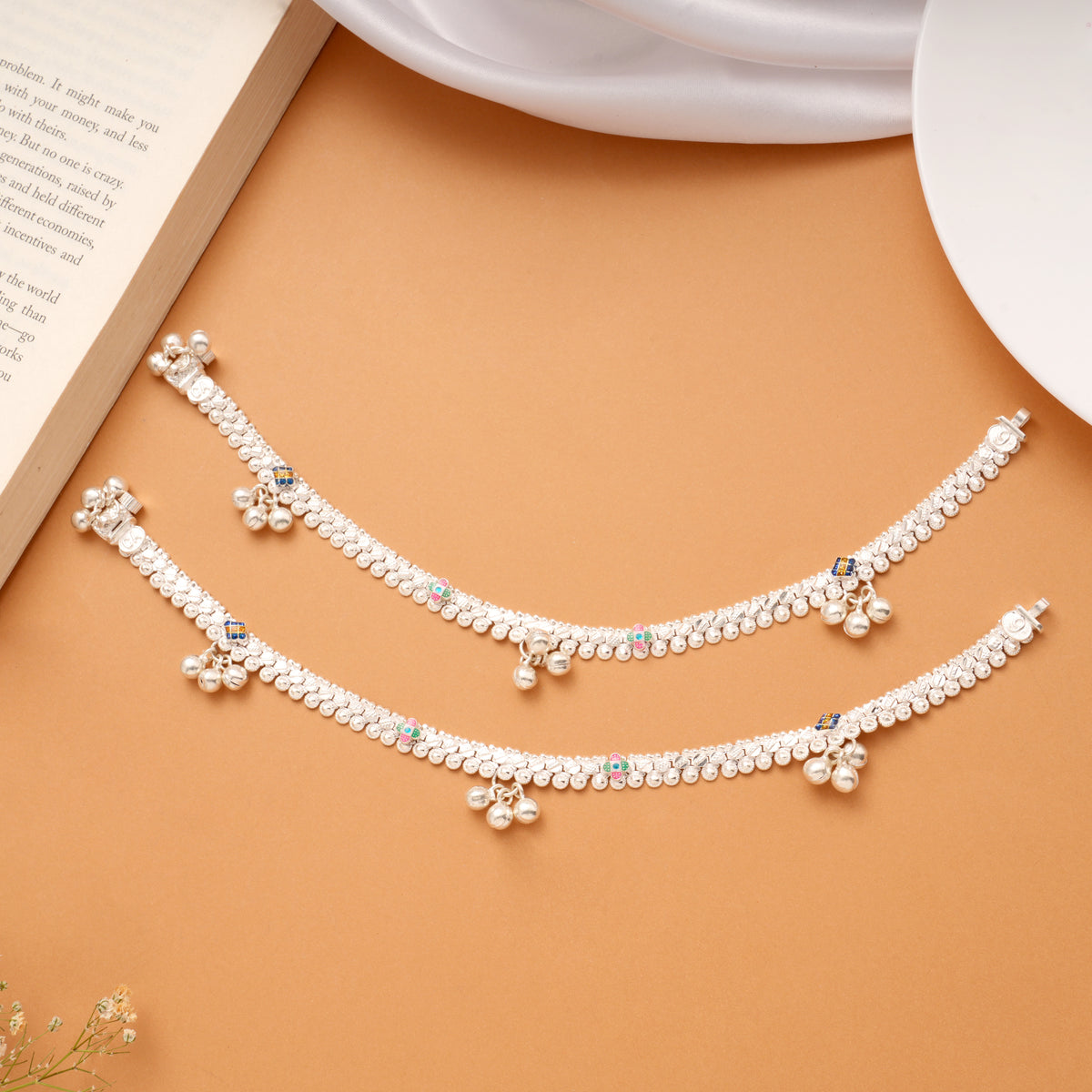 Multicolour Enamel Floral Beaded Silver Anklets