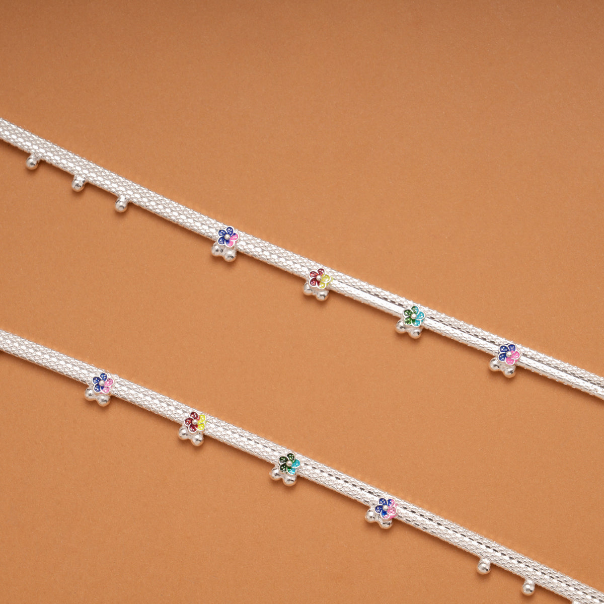 Multi Color Flower Enamel Silver Anklets