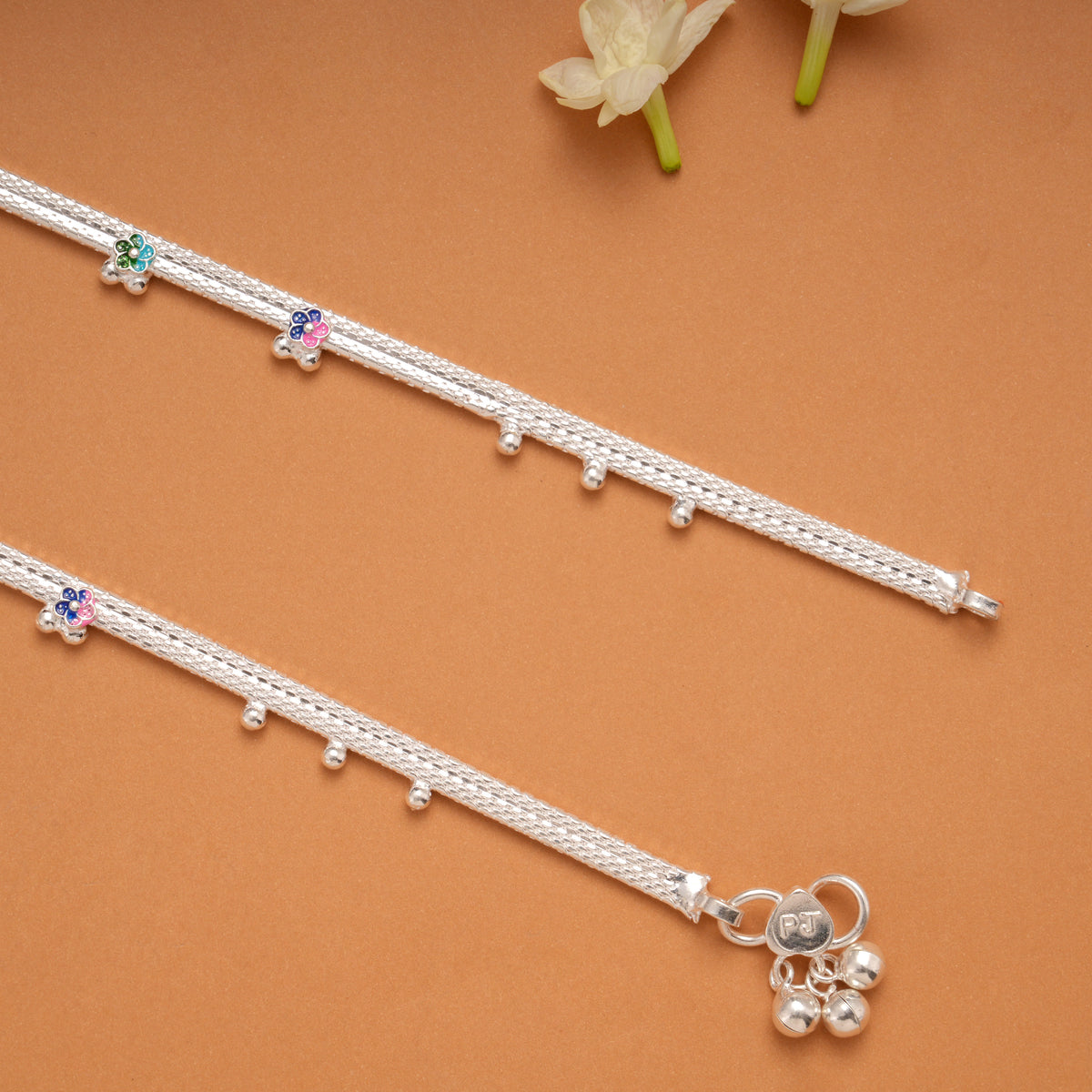 Multi Color Flower Enamel Silver Anklets