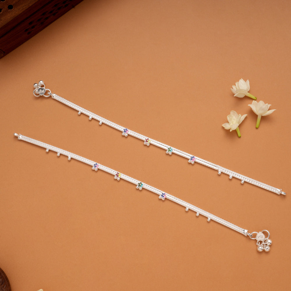 Multi Color Flower Enamel Silver Anklets