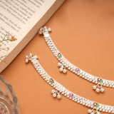 Elegant Flower Enamel Design Silver Anklets