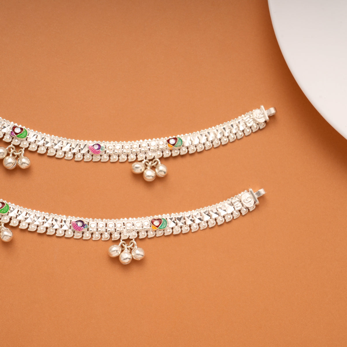 Elegant Flower Enamel Design Silver Anklets