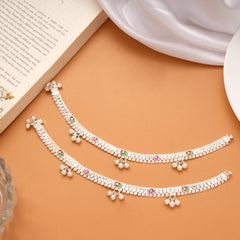 Elegant Flower Enamel Design Silver Anklets