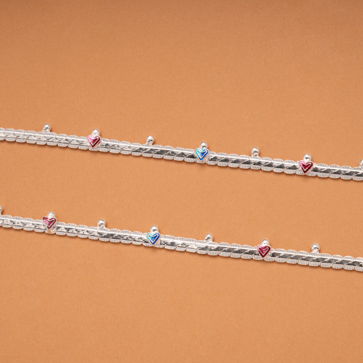 Lovely Heart Design Enamel Silver Anklets