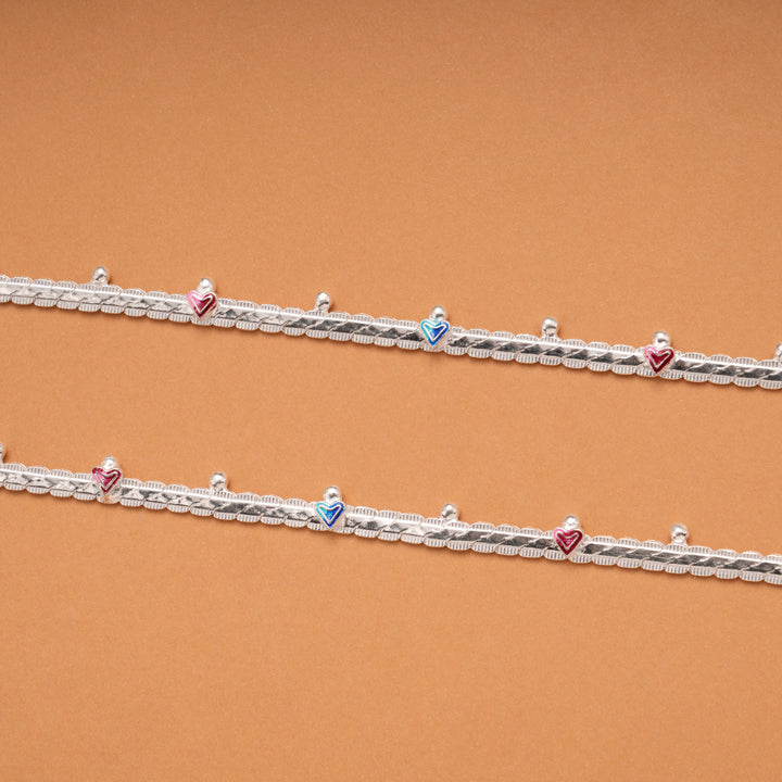 Lovely Heart Design Enamel Silver Anklets