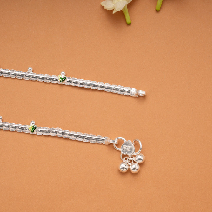 Lovely Heart Design Enamel Silver Anklets
