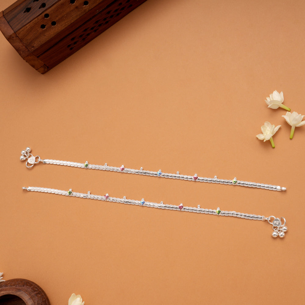 Lovely Heart Design Enamel Silver Anklets