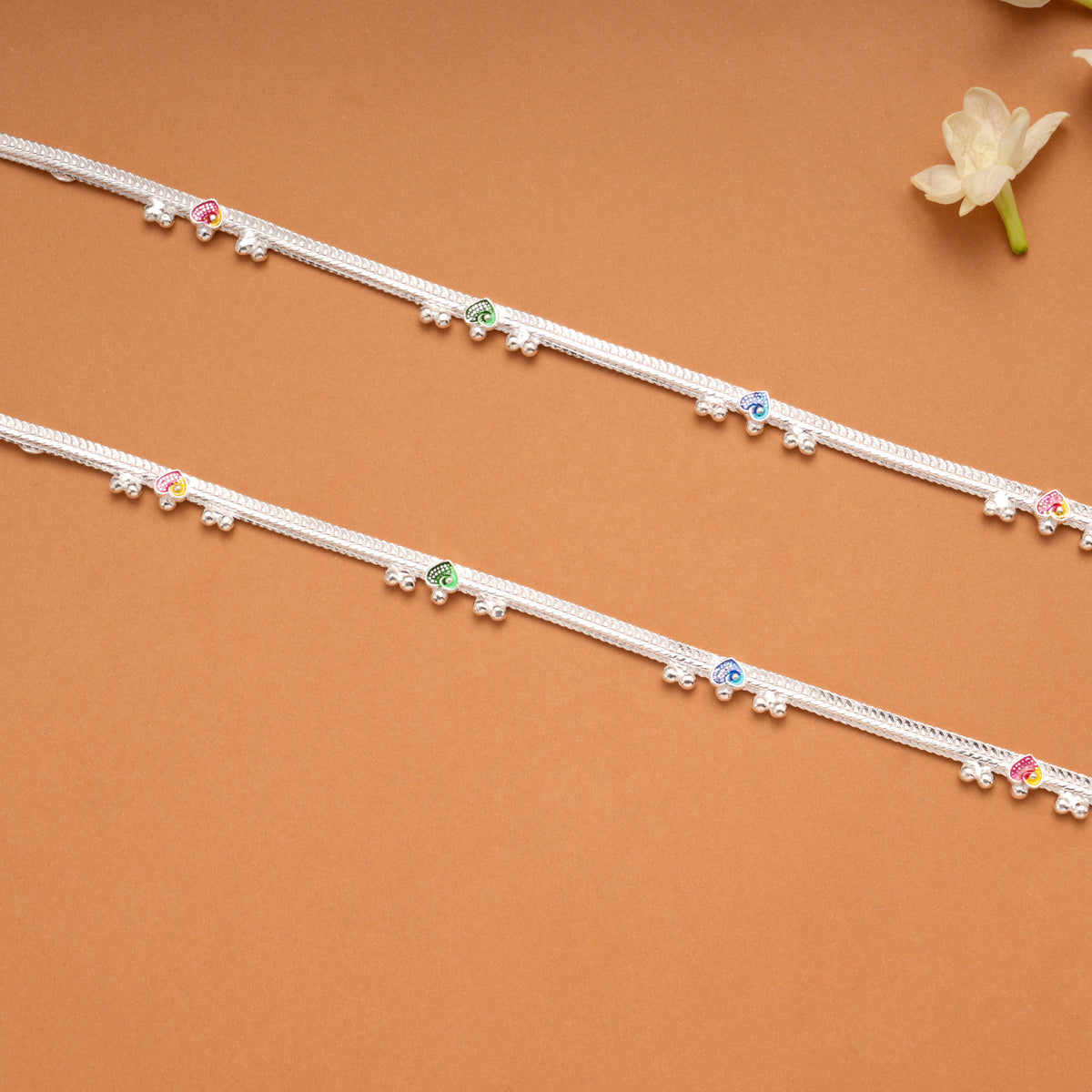 Colorful Enamel Heart Design Silver Anklets