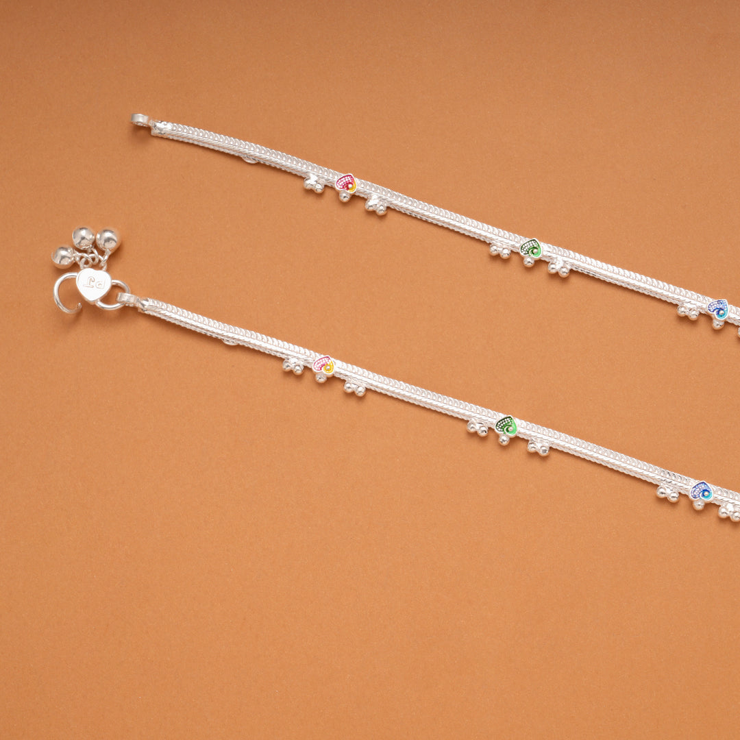 Colorful Enamel Heart Design Silver Anklets