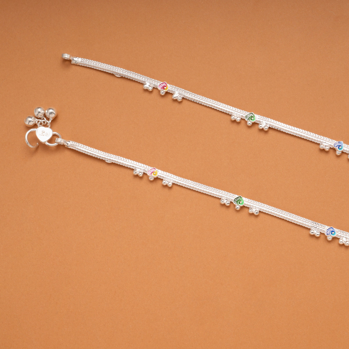 Colorful Enamel Heart Design Silver Anklets