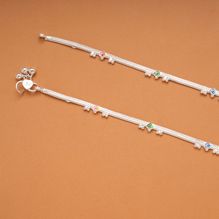 Colorful Enamel Heart Design Silver Anklets
