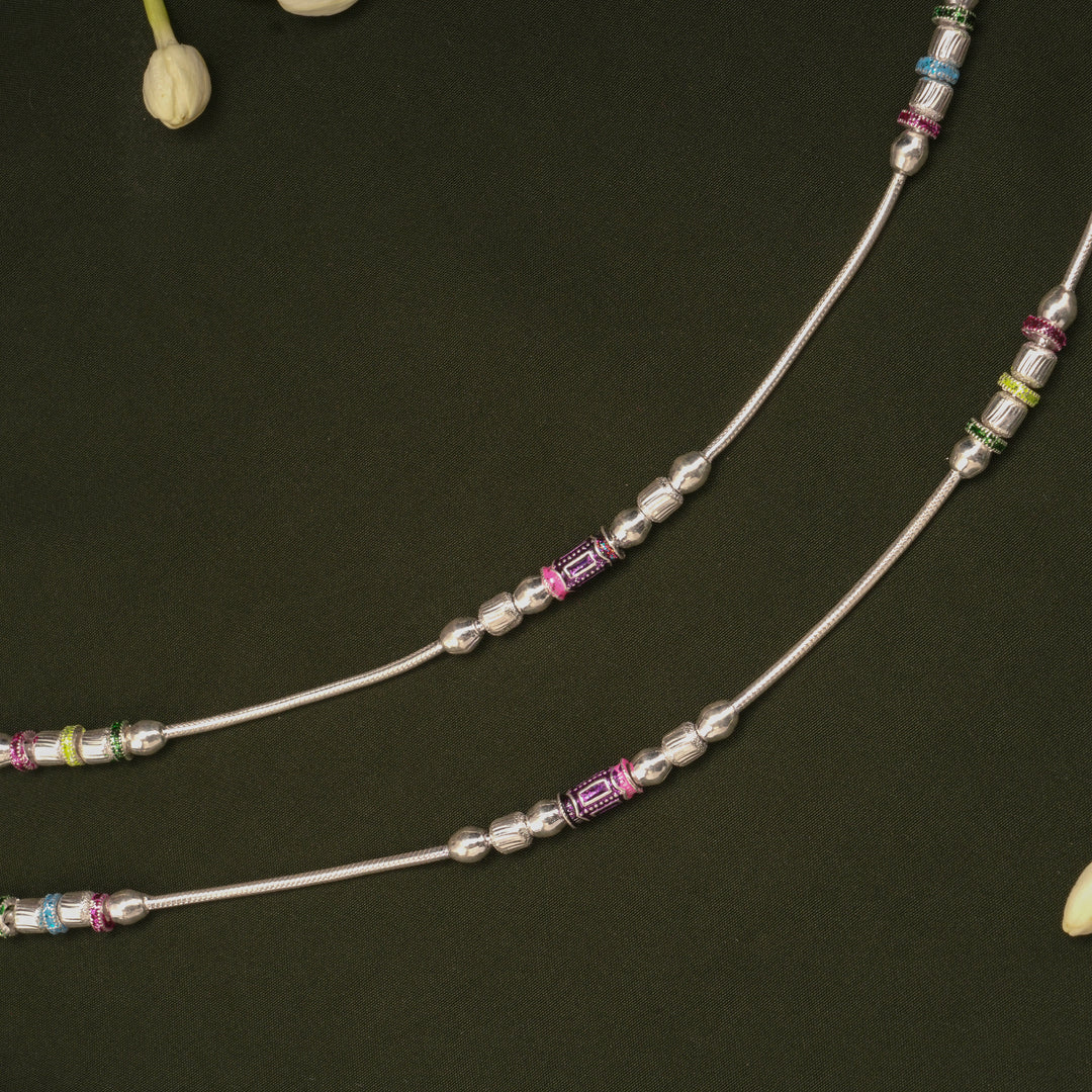 Sleek Spiral Silver Beaded Enamel Anklets