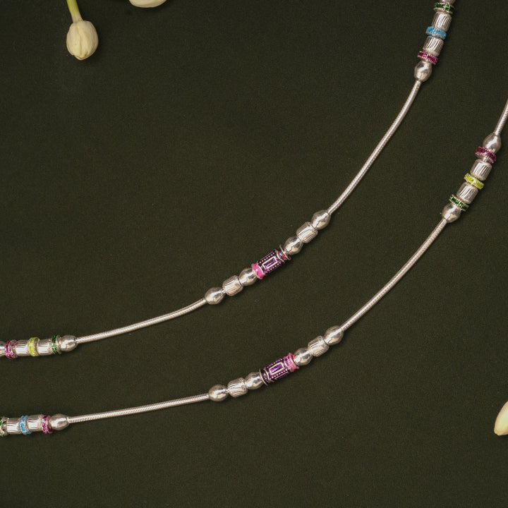 Sleek Spiral Silver Beaded Enamel Anklets