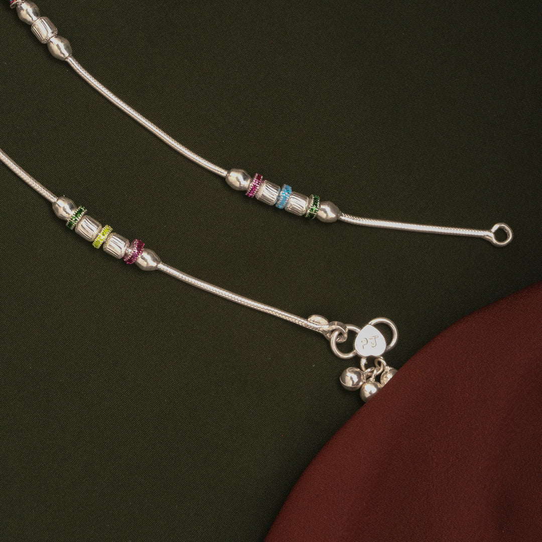 Sleek Spiral Silver Beaded Enamel Anklets