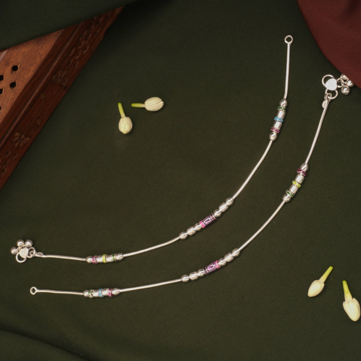 Sleek Spiral Silver Beaded Enamel Anklets