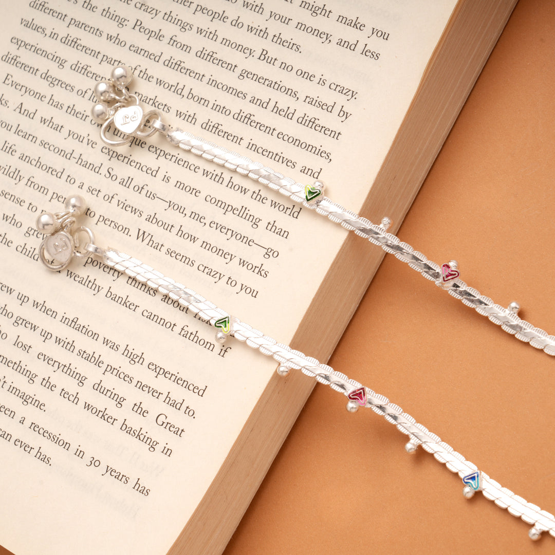 Multicolour Enamel Heart Braided Design Silver Anklets