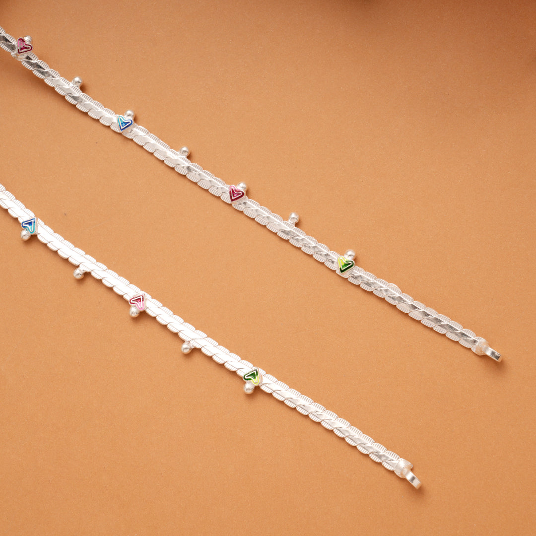 Multicolour Enamel Heart Braided Design Silver Anklets