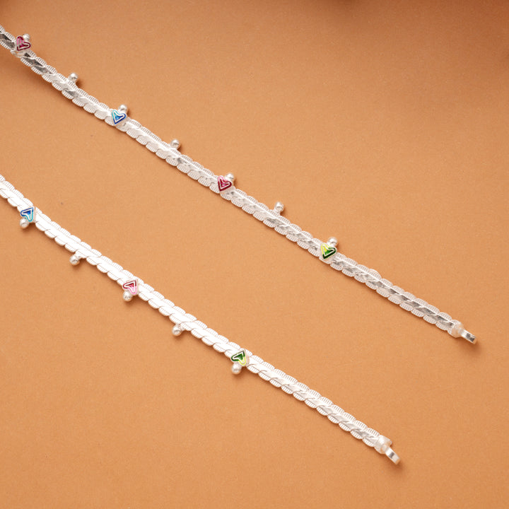 Multicolour Enamel Heart Braided Design Silver Anklets