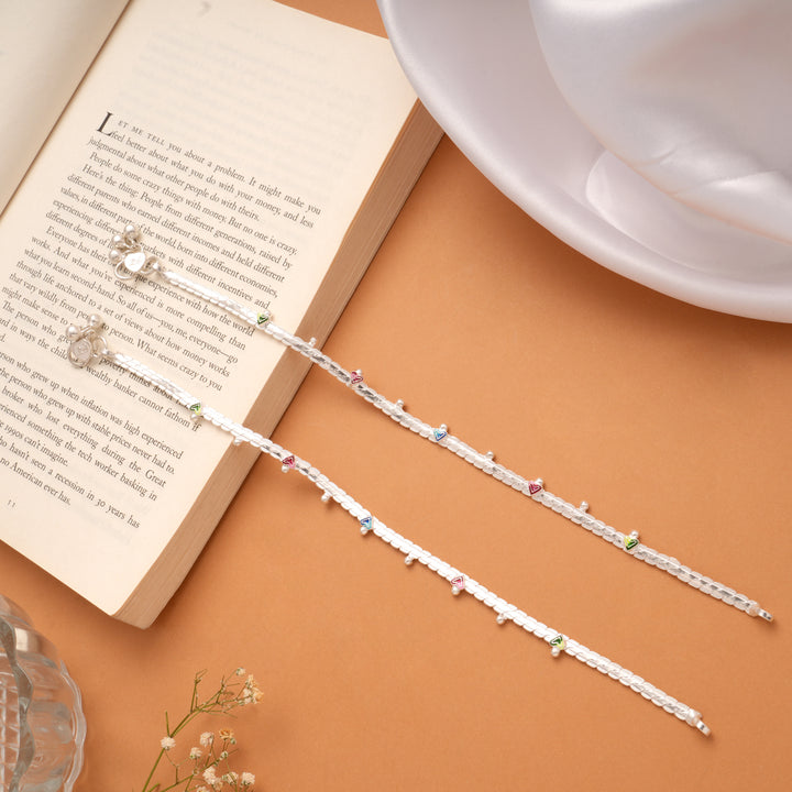 Multicolour Enamel Heart Braided Design Silver Anklets