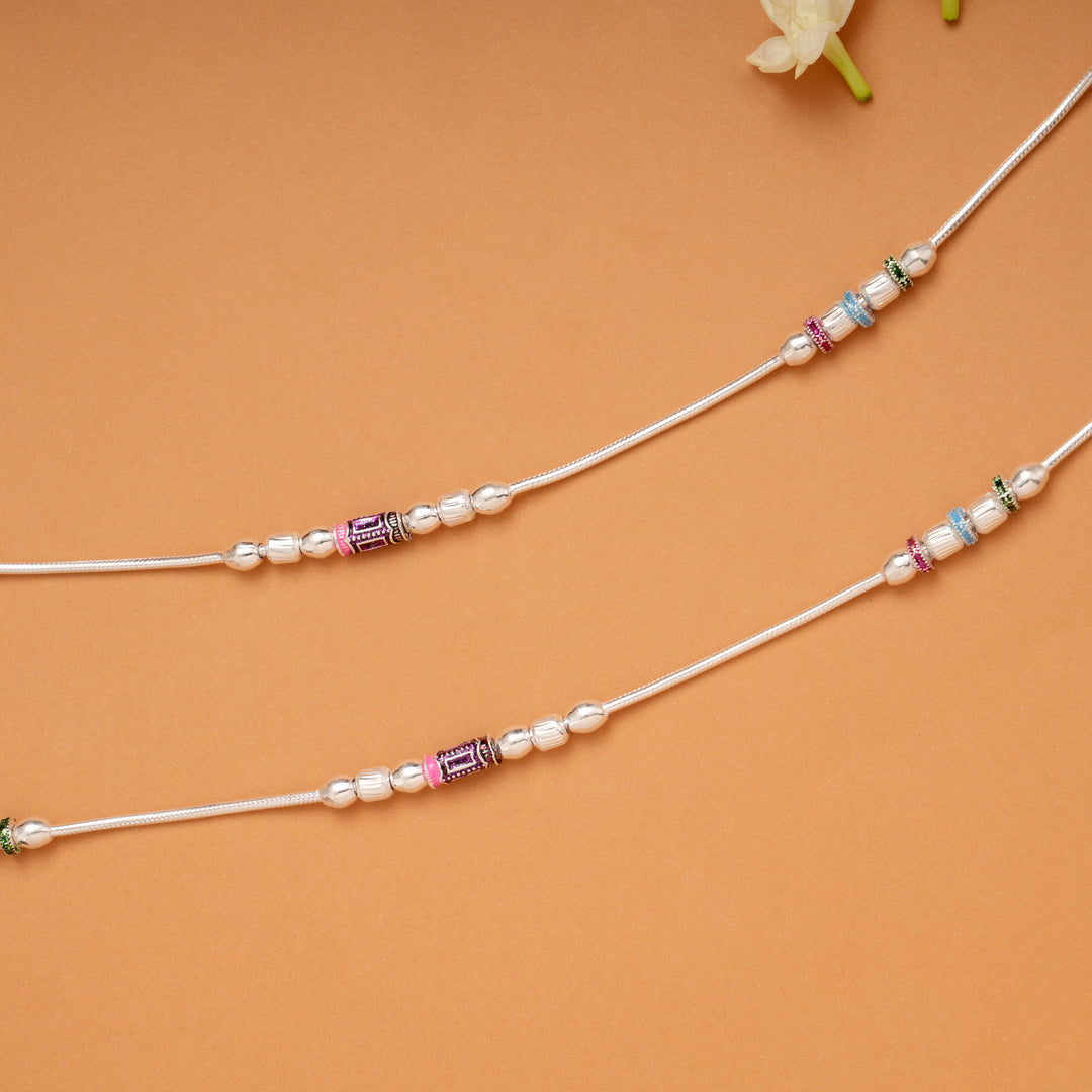 Simple Dual Colour Beaded Silver Anklets