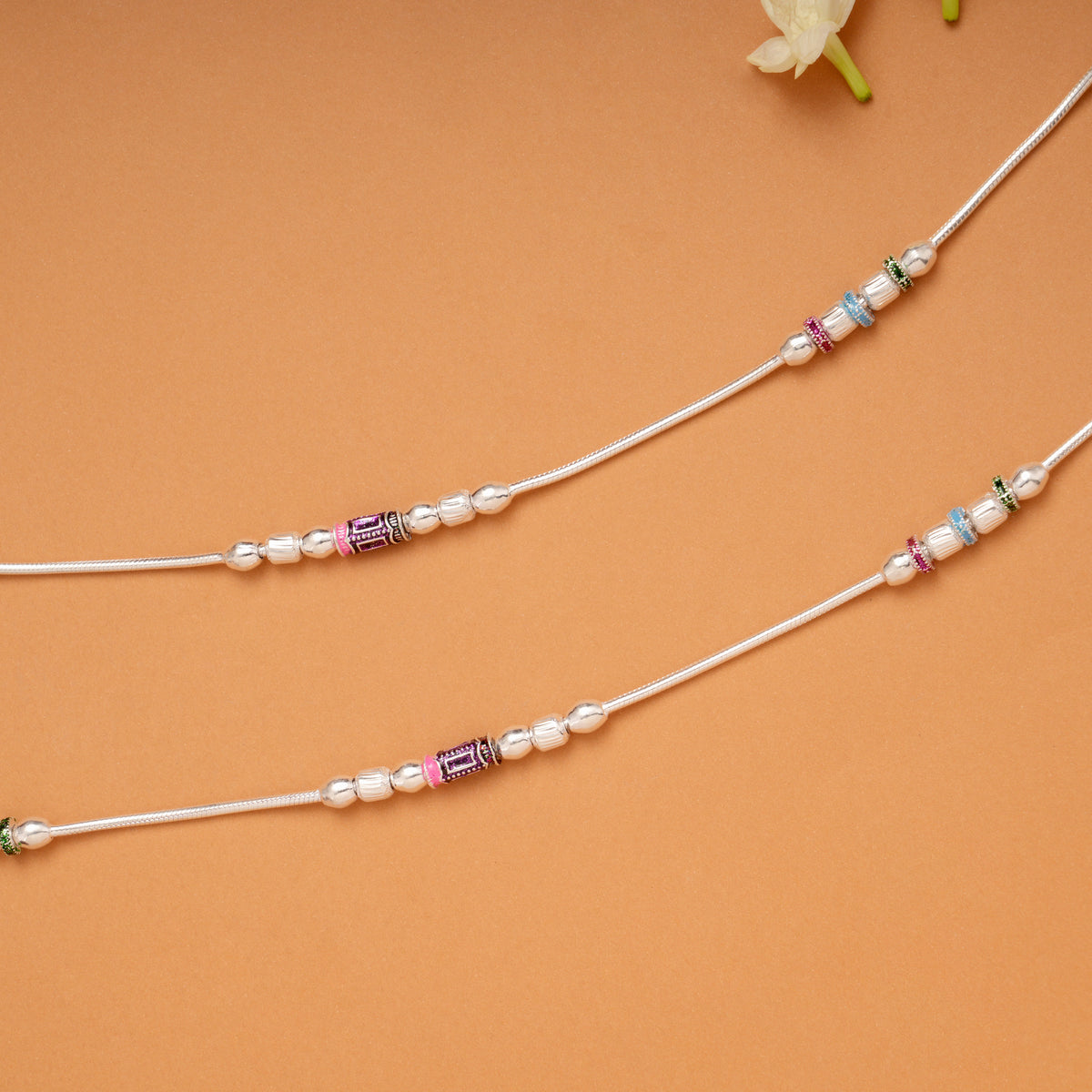 Simple Dual Colour Beaded Silver Anklets