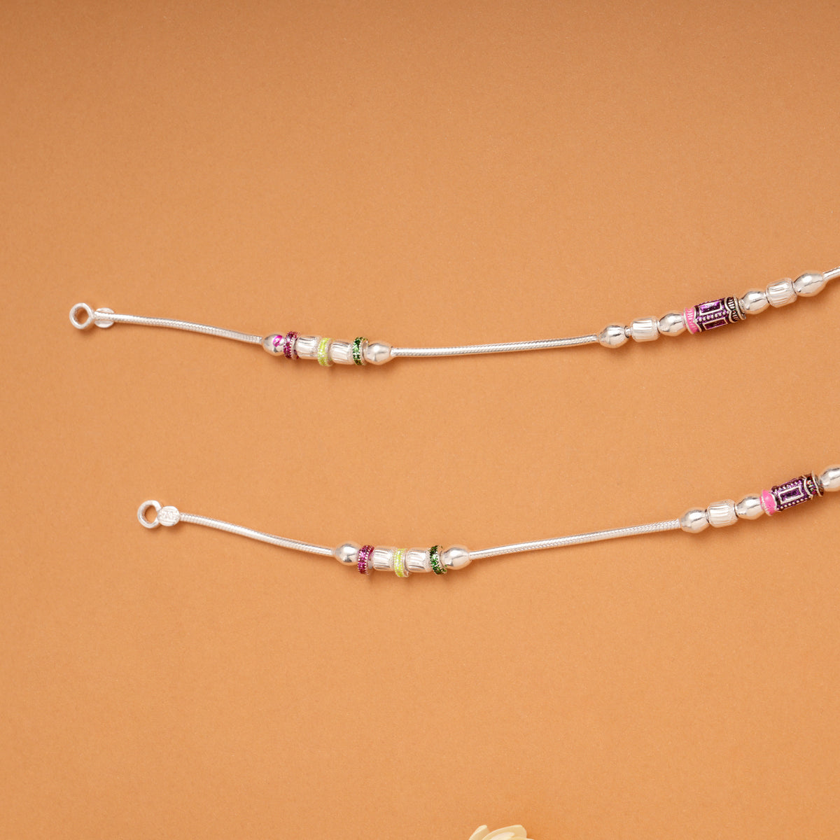 Simple Dual Colour Beaded Silver Anklets
