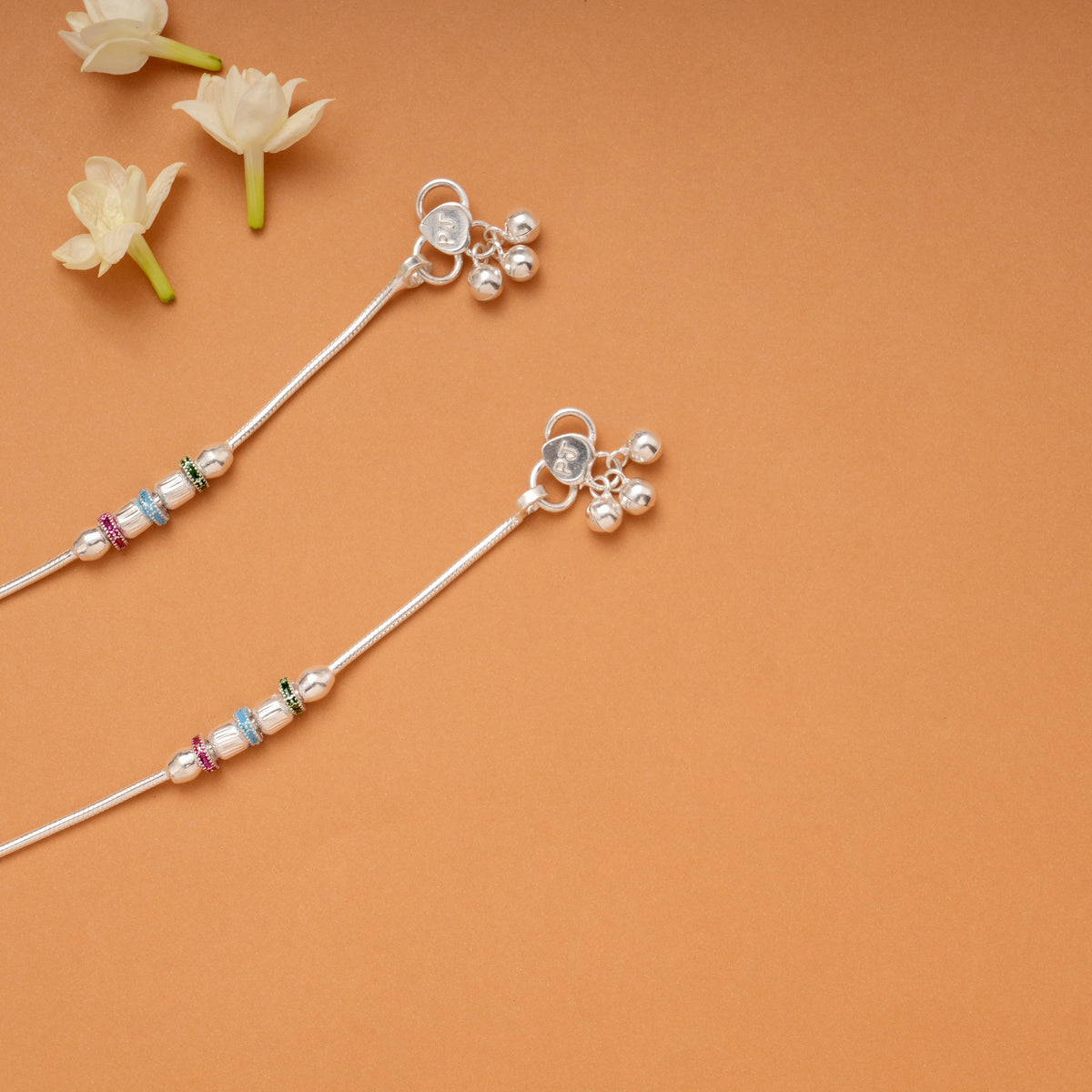 Simple Dual Colour Beaded Silver Anklets