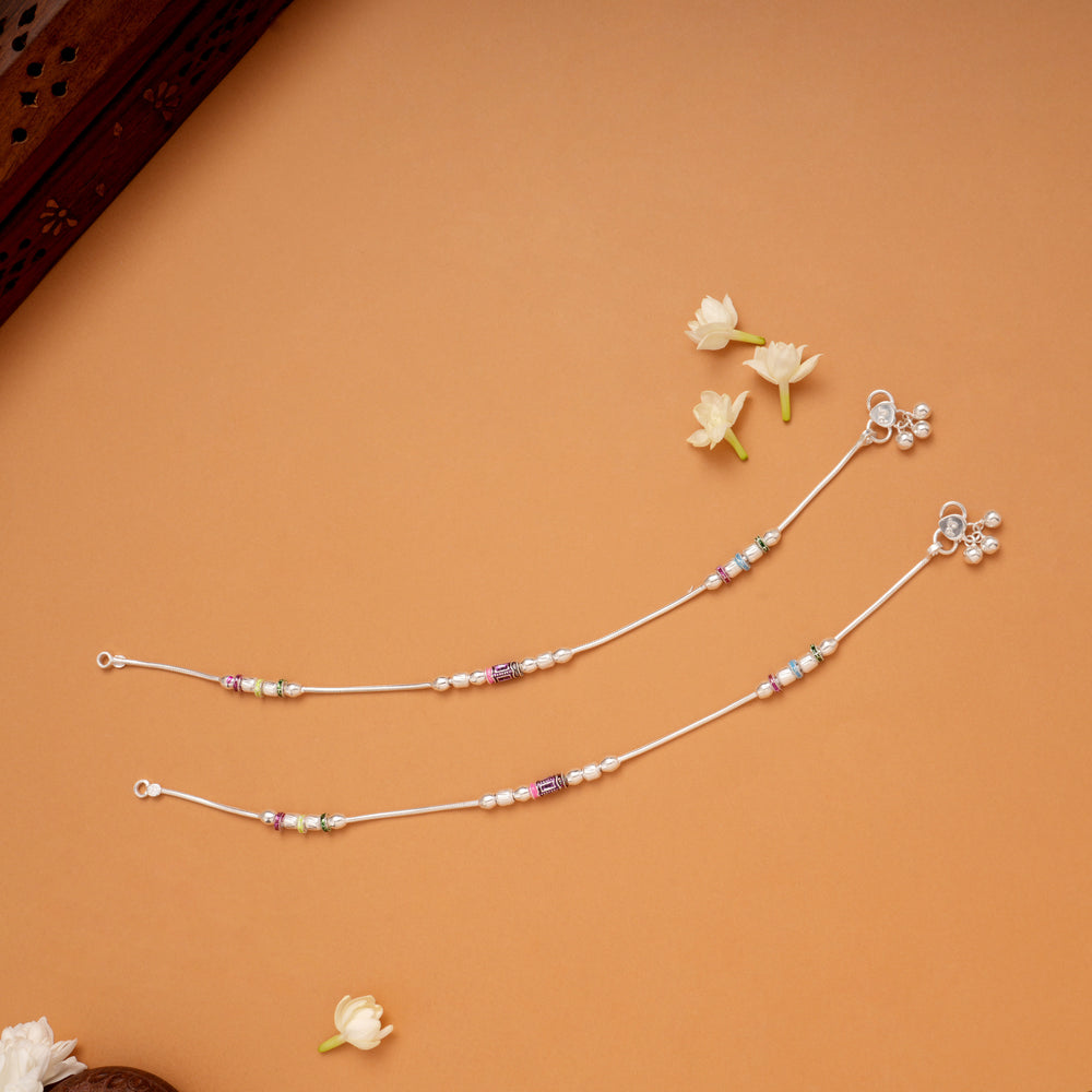 Simple Dual Colour Beaded Silver Anklets