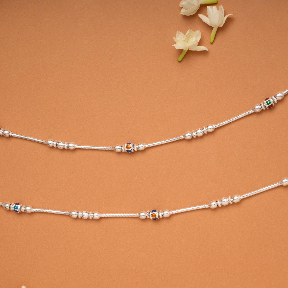 Traditional Beaded Colour Enamel Silver Anklets