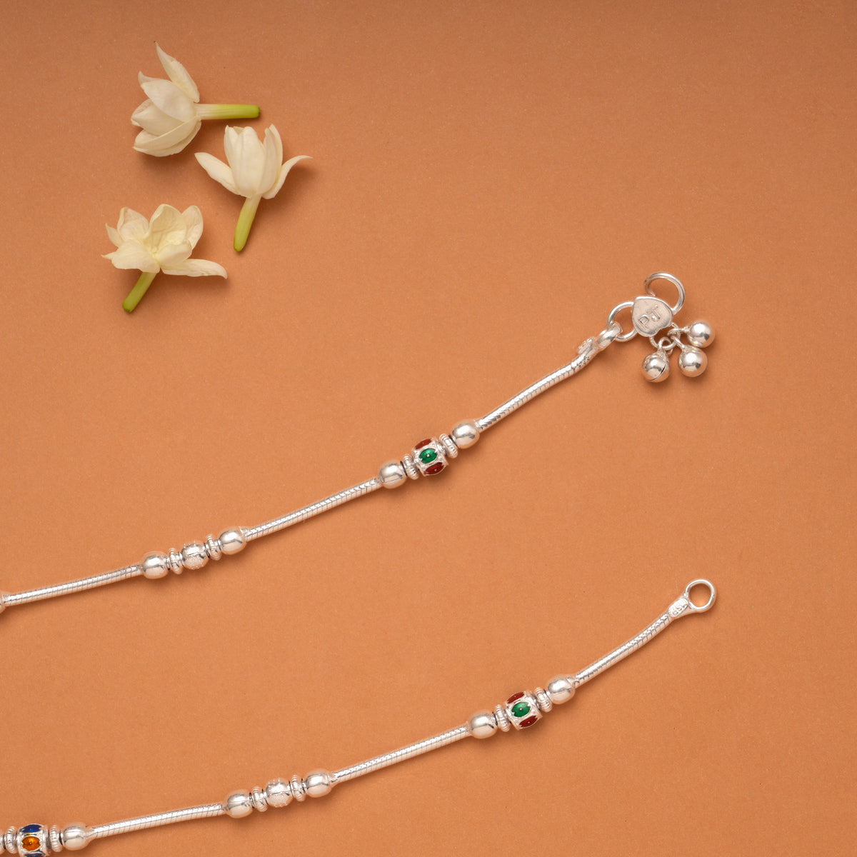 Traditional Beaded Colour Enamel Silver Anklets