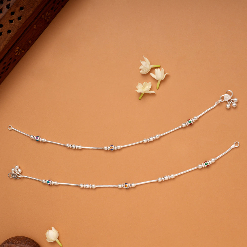 Traditional Beaded Colour Enamel Silver Anklets