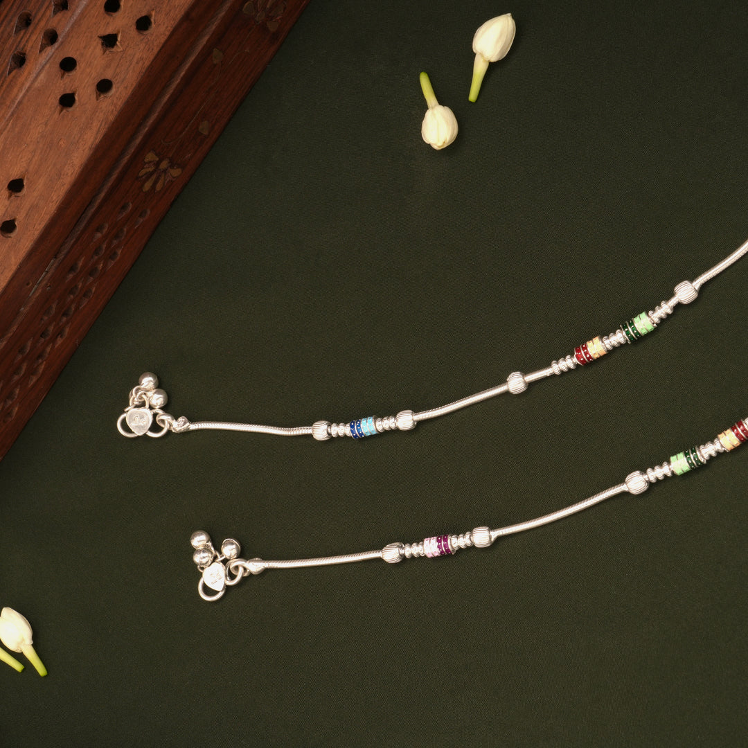 Vibrant Design Multicolour Beaded Enamel Silver Anklets