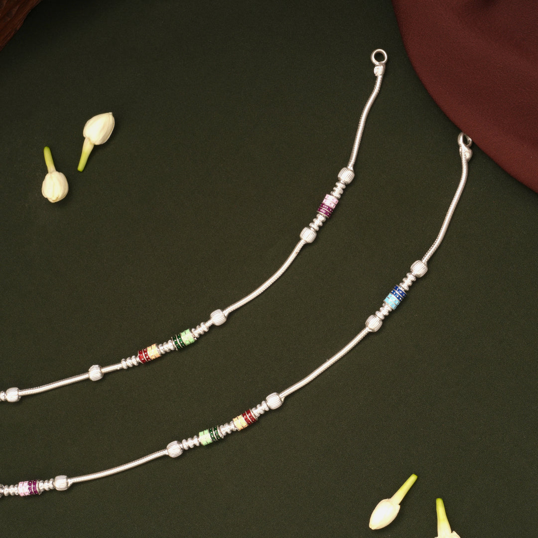 Vibrant Design Multicolour Beaded Enamel Silver Anklets