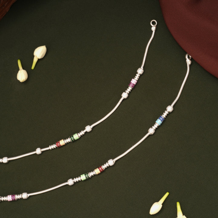 Vibrant Design Multicolour Beaded Enamel Silver Anklets