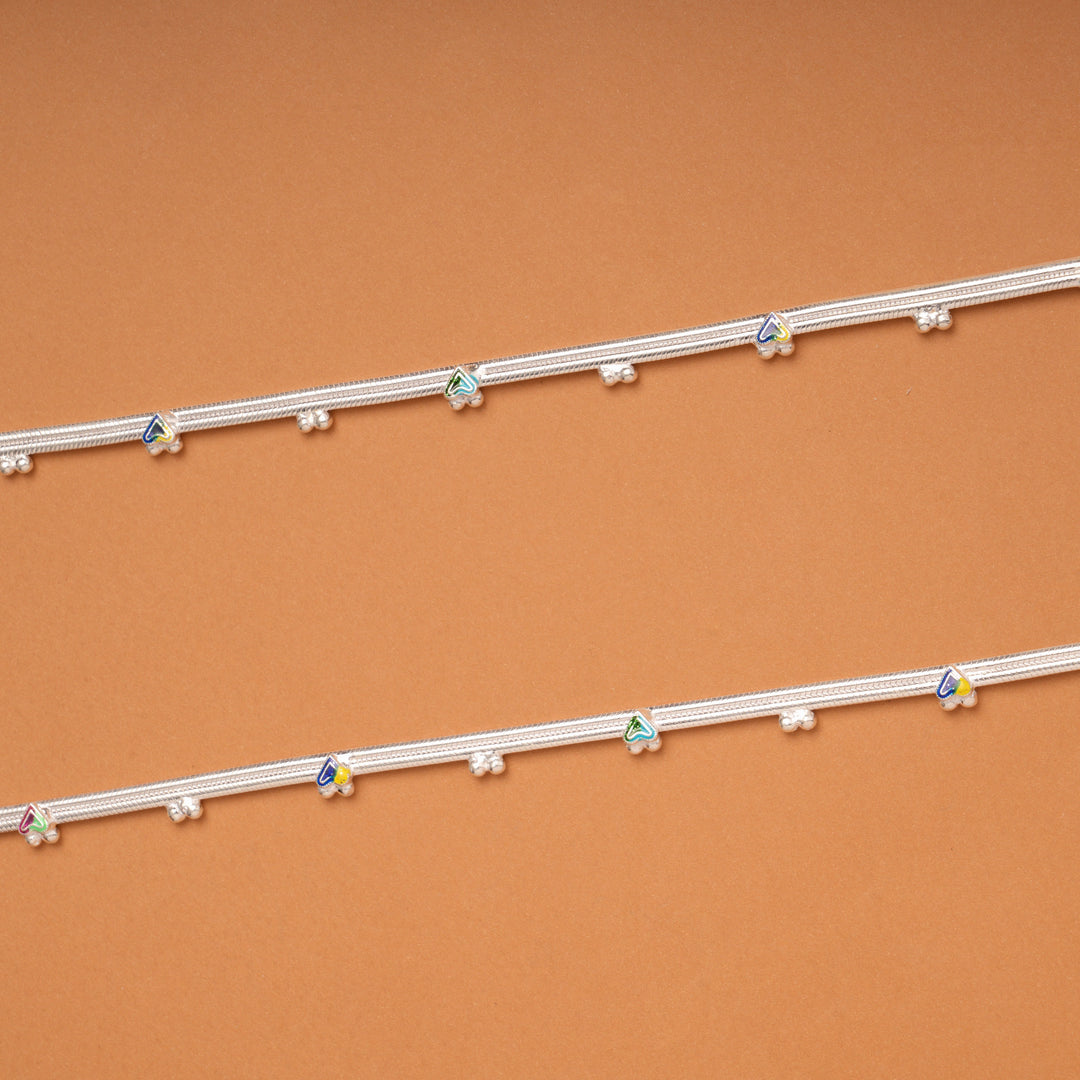 Minimal Heart Enamel Pattern Silver Anklets