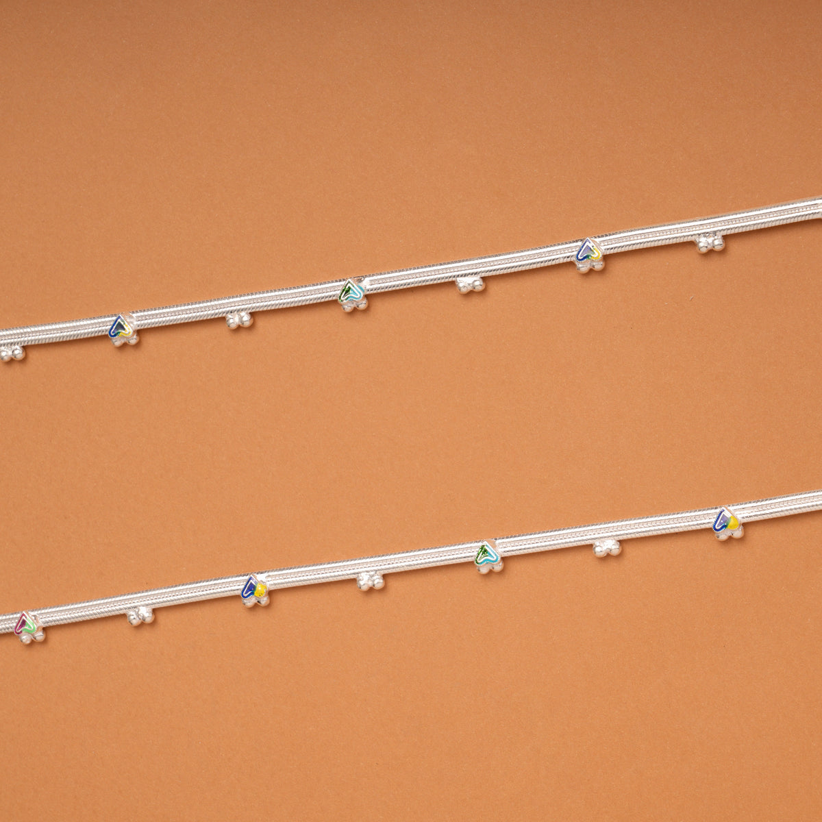 Minimal Heart Enamel Pattern Silver Anklets