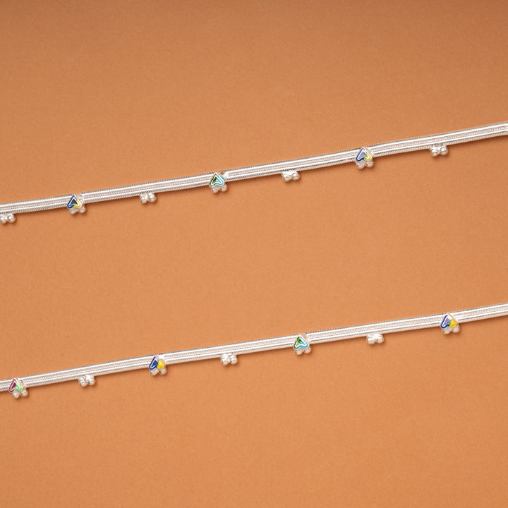 Minimal Heart Enamel Pattern Silver Anklets