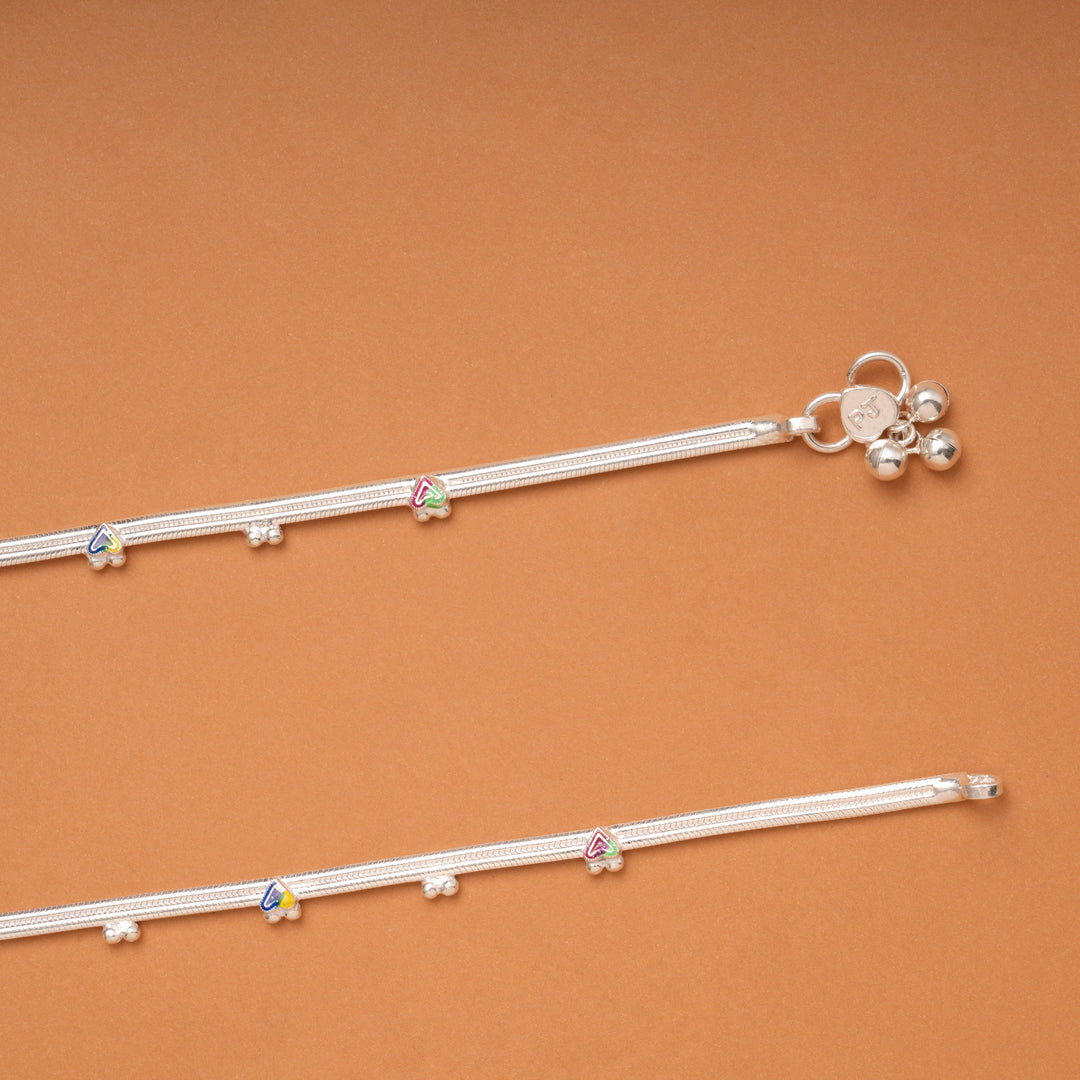 Minimal Heart Enamel Pattern Silver Anklets