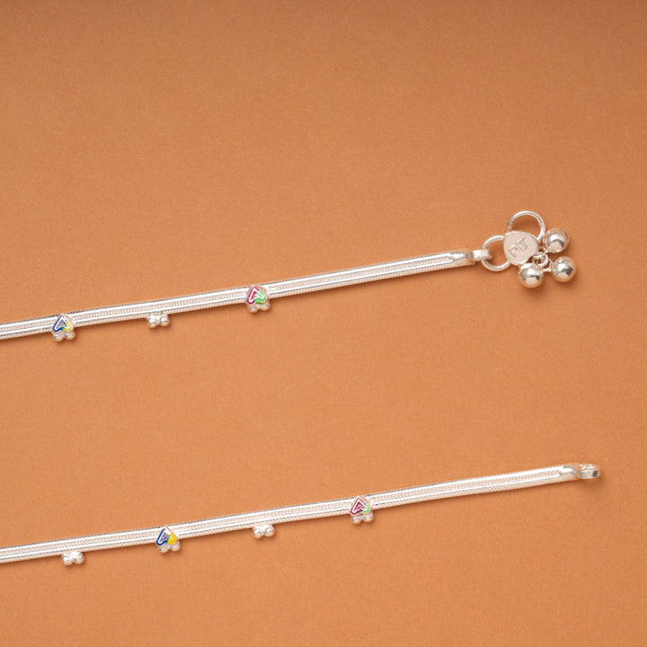 Minimal Heart Enamel Pattern Silver Anklets