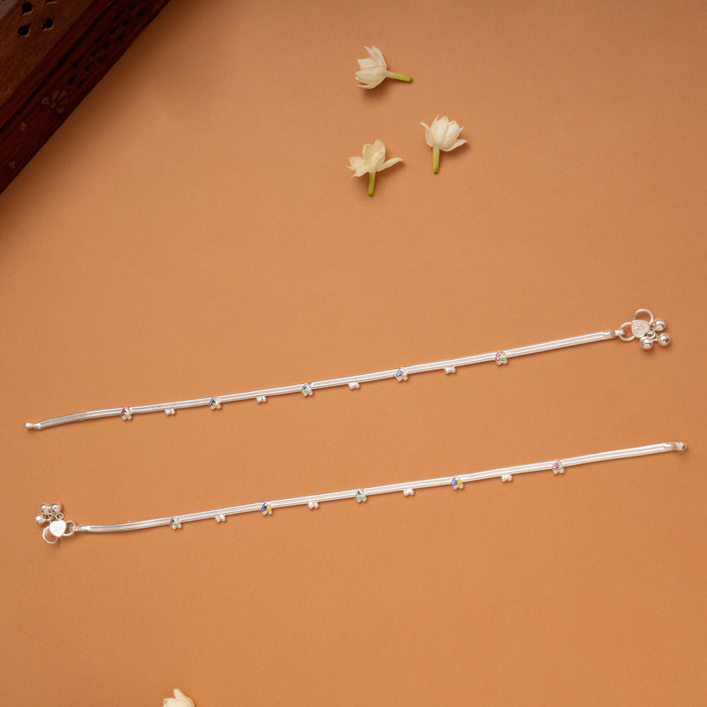 Minimal Heart Enamel Pattern Silver Anklets