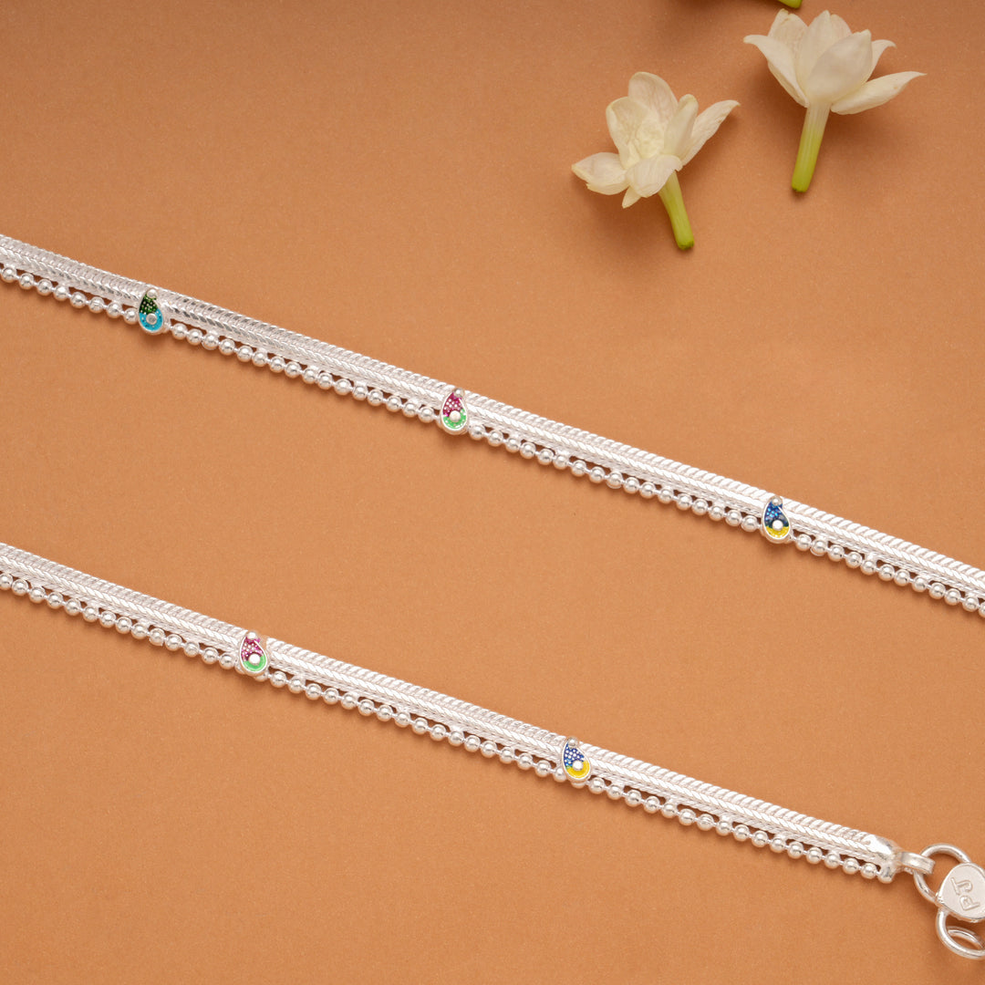 Multicolour Floral Enamel Meenakari Silver Anklets