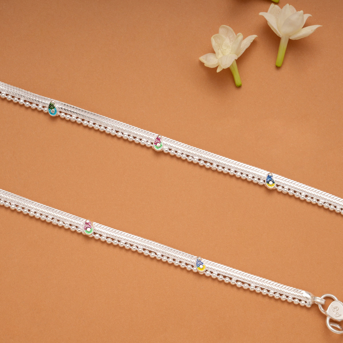 Multicolour Floral Enamel Meenakari Silver Anklets