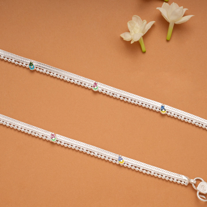 Multicolour Floral Enamel Meenakari Silver Anklets