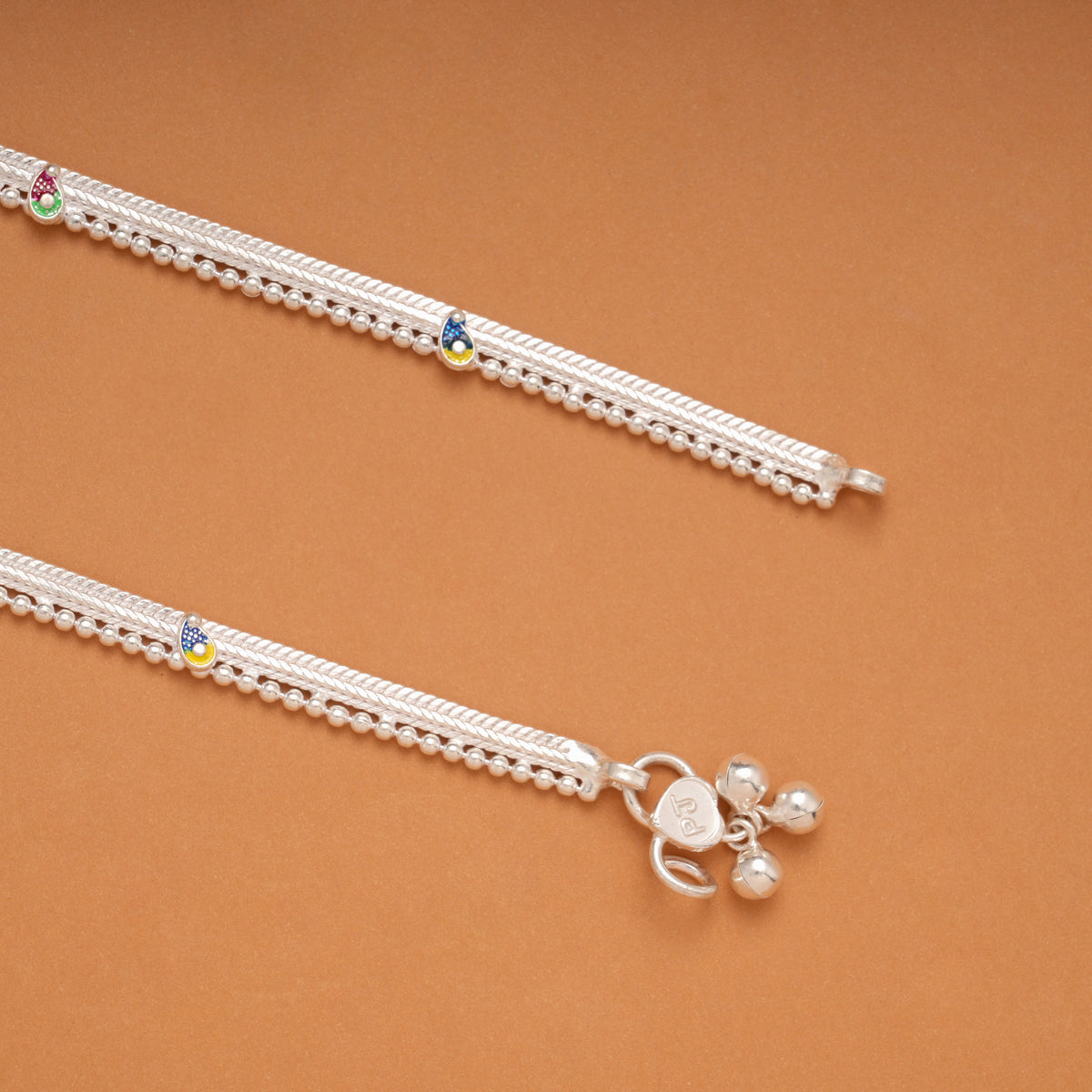 Multicolour Floral Enamel Meenakari Silver Anklets