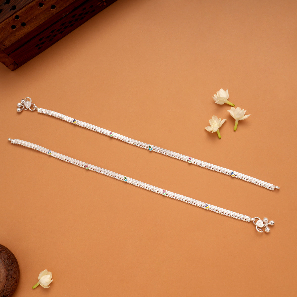 Multicolour Floral Enamel Meenakari Silver Anklets