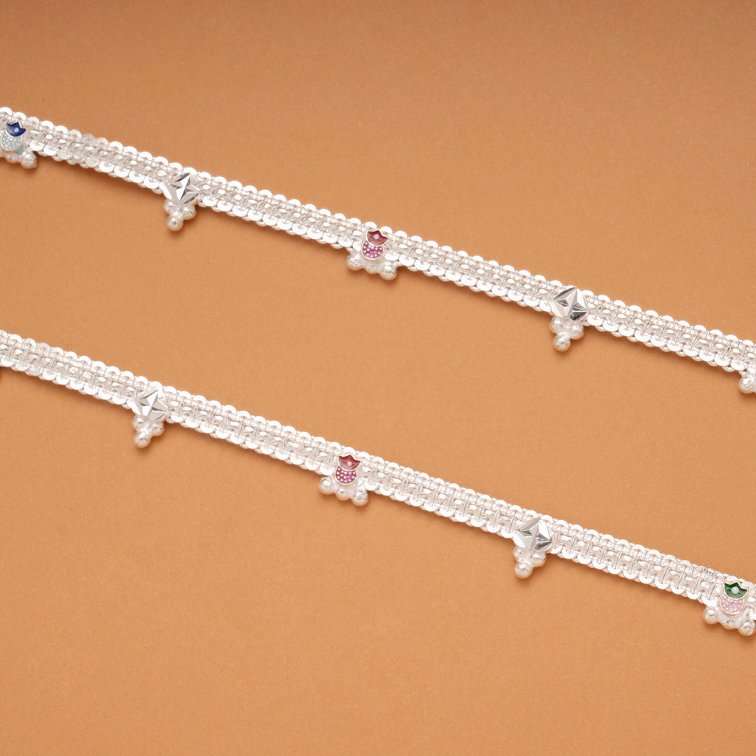 Multicolour Flower Pot Braided Enamel Silver Anklets